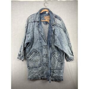 Vtg Acid Wash Denim Long Trench Jean Jacket Giacca Coat DUSTER Retro Grunge READ